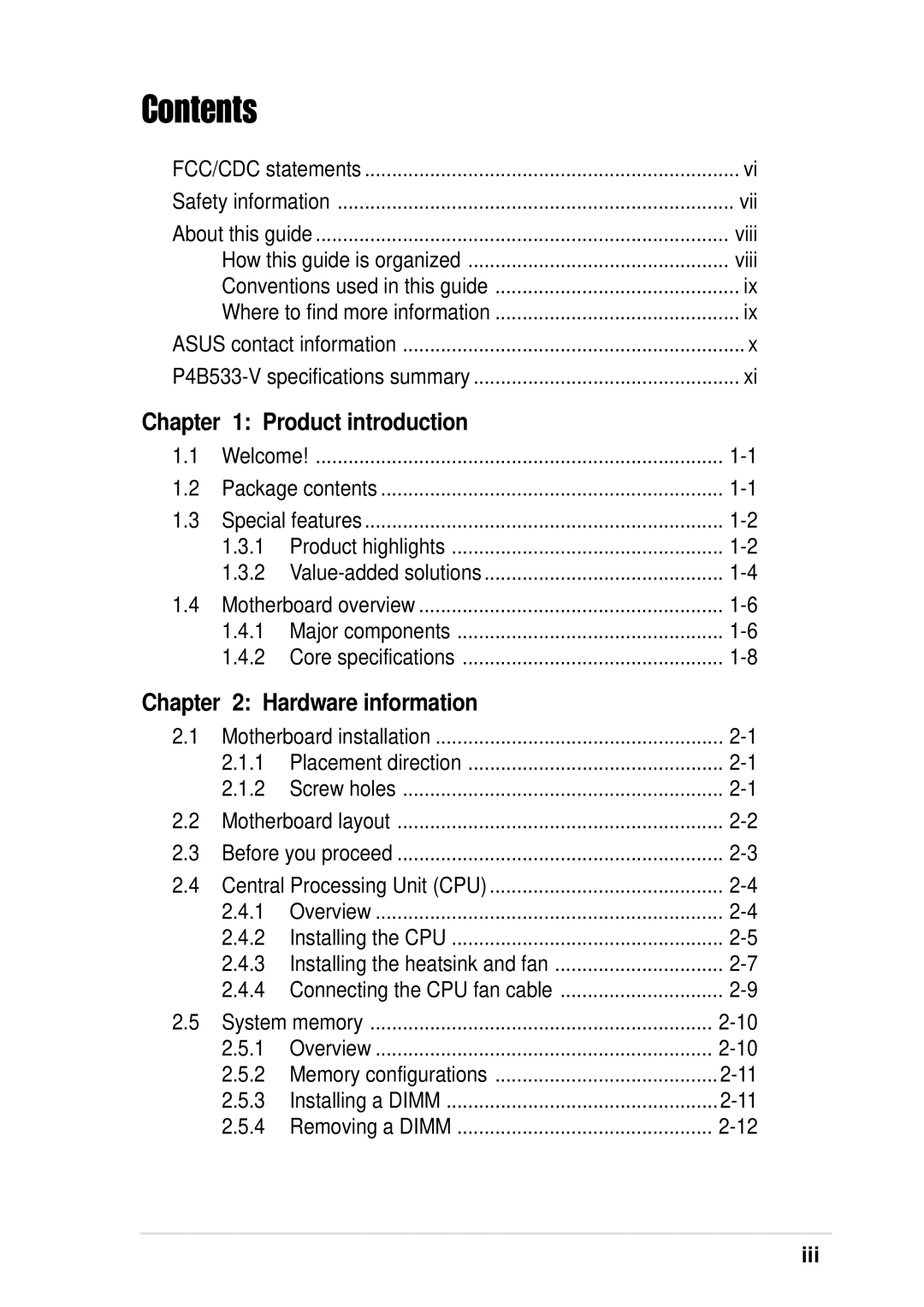 Asus P4B533-V manual Contents 