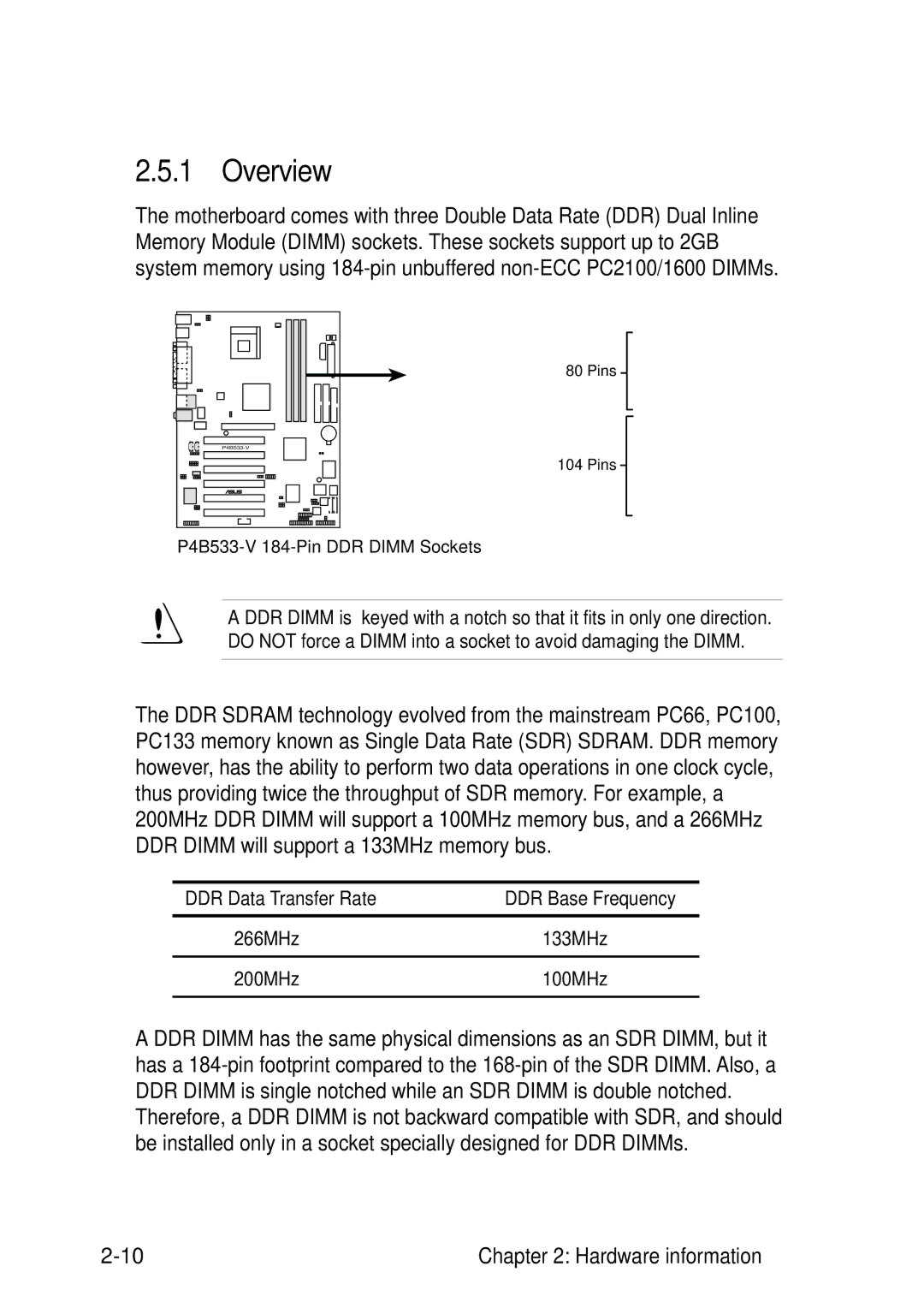 Asus manual System memory, P4B533-V 184-Pin DDR Dimm Sockets 