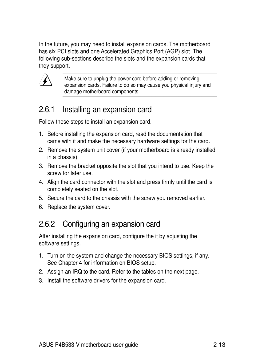 Asus P4B533-V manual Expansion slots, Installing an expansion card, Configuring an expansion card 