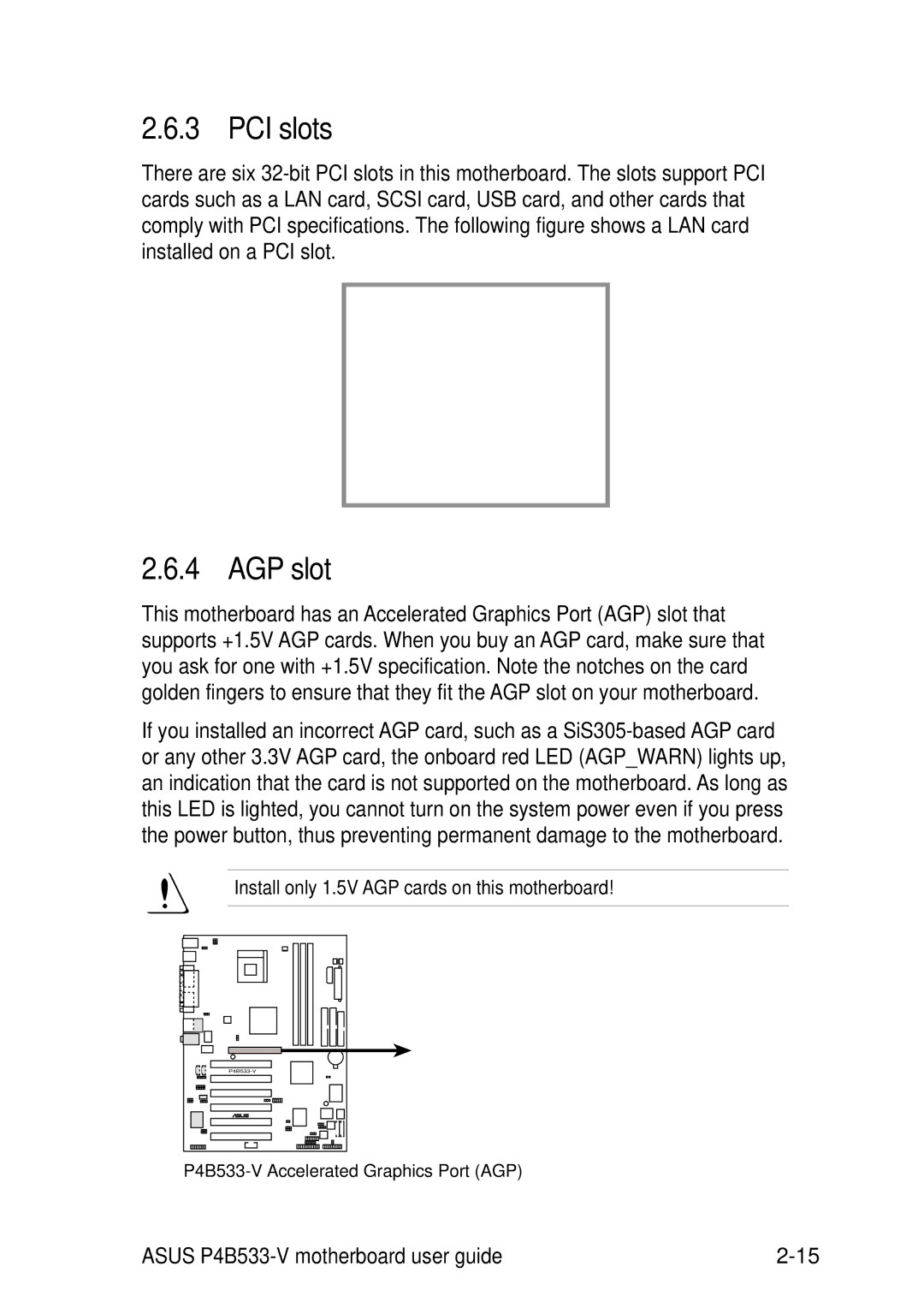 Asus P4B533-V manual PCI slots, AGP slot 