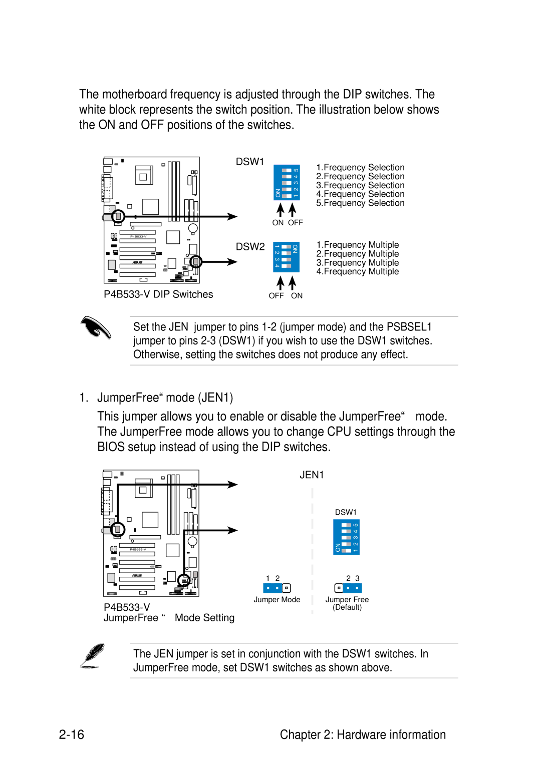 Asus P4B533-V manual Switches and jumpers, JumperFree mode JEN1 