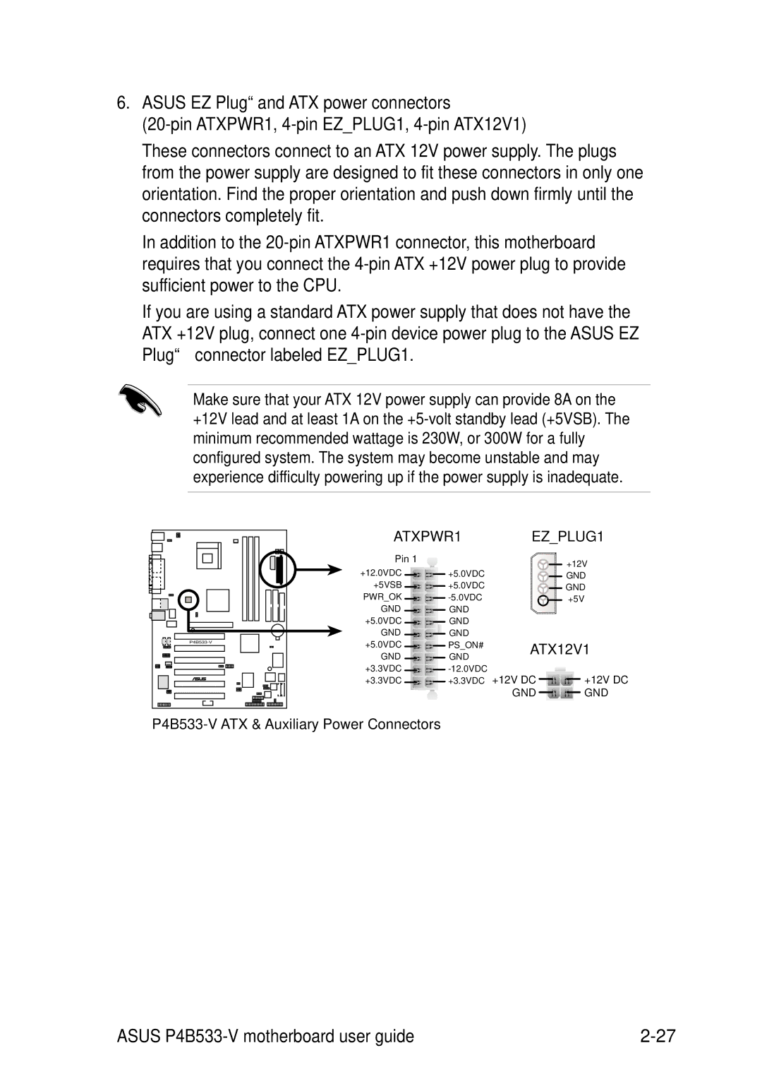 Asus manual P4B533-V ATX & Auxiliary Power Connectors 