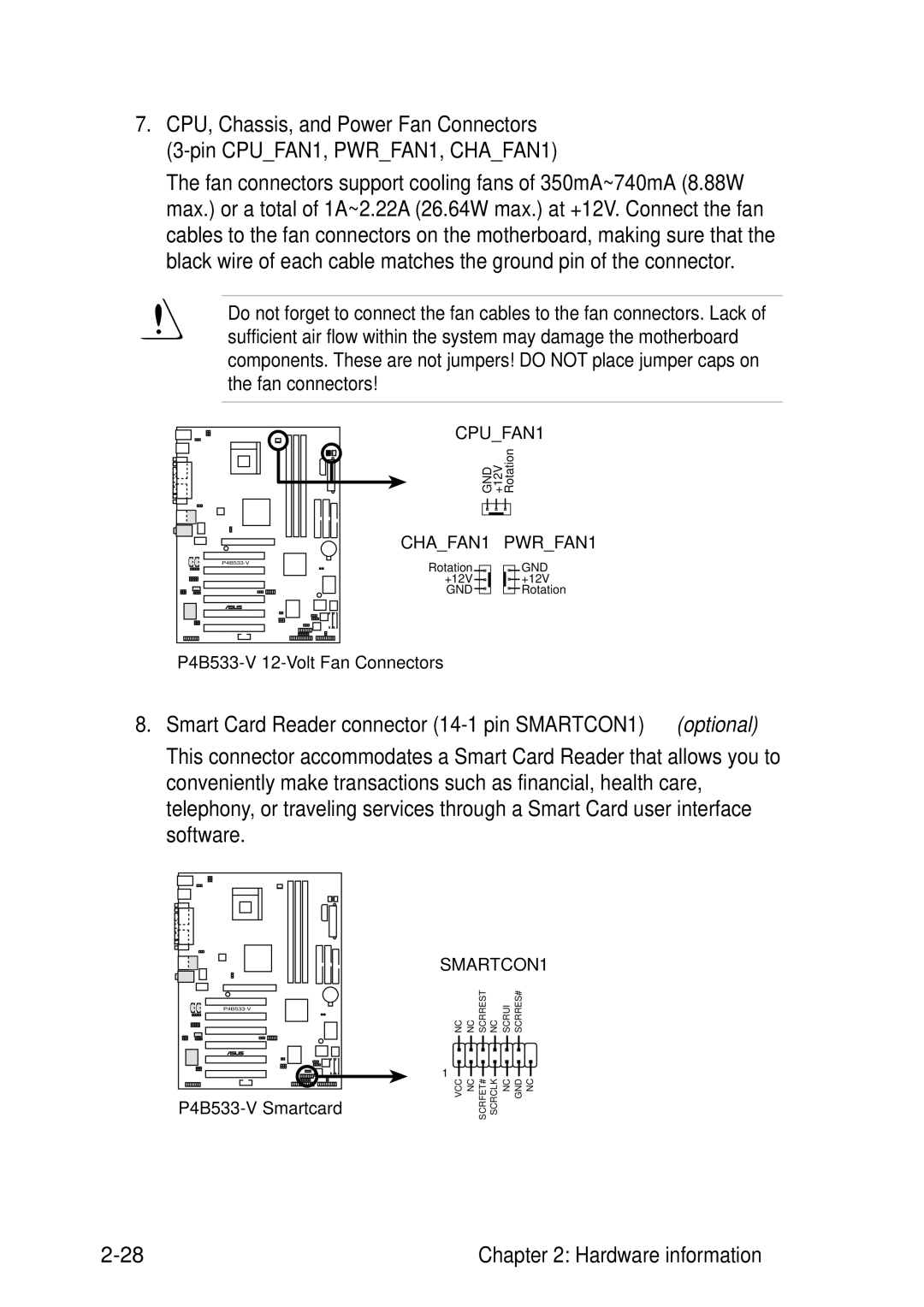 Asus P4B533-V manual Smart Card Reader connector 14-1 pin SMARTCON1 optional 