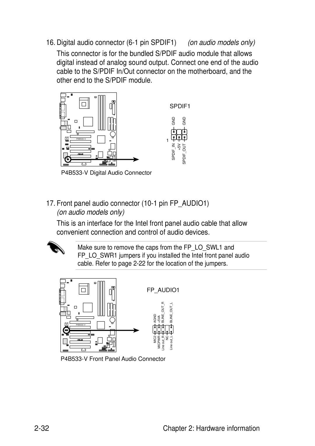 Asus P4B533-V Digital audio connector 6-1 pin SPDIF1 on audio models only, Make sure to remove the caps from the FPLOSWL1 