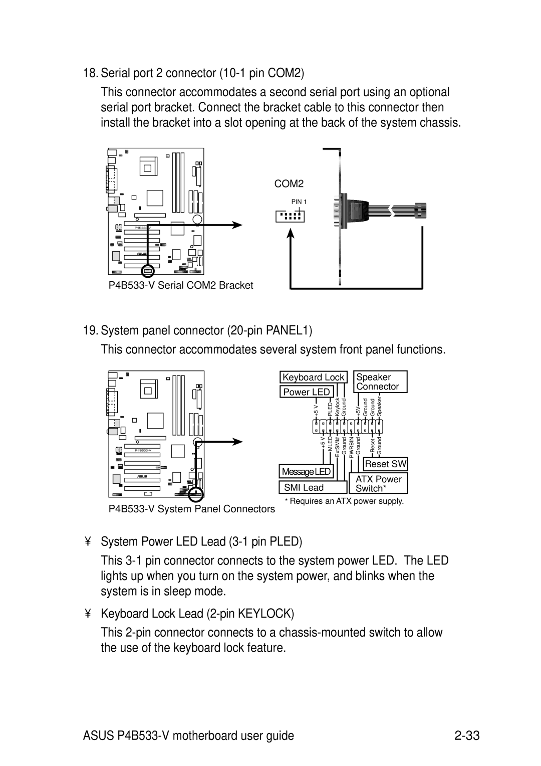 Asus P4B533-V manual Serial port 2 connector 10-1 pin COM2, System panel connector 20-pin PANEL1 