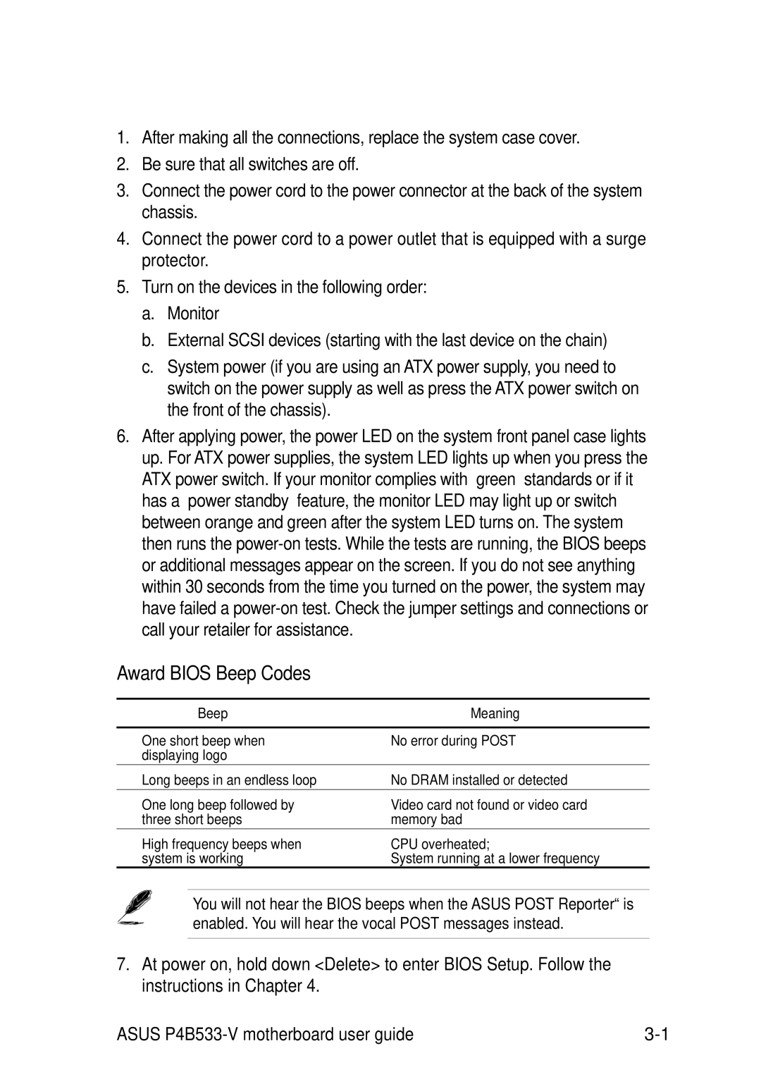 Asus P4B533-V manual Starting up for the first time, Award Bios Beep Codes 