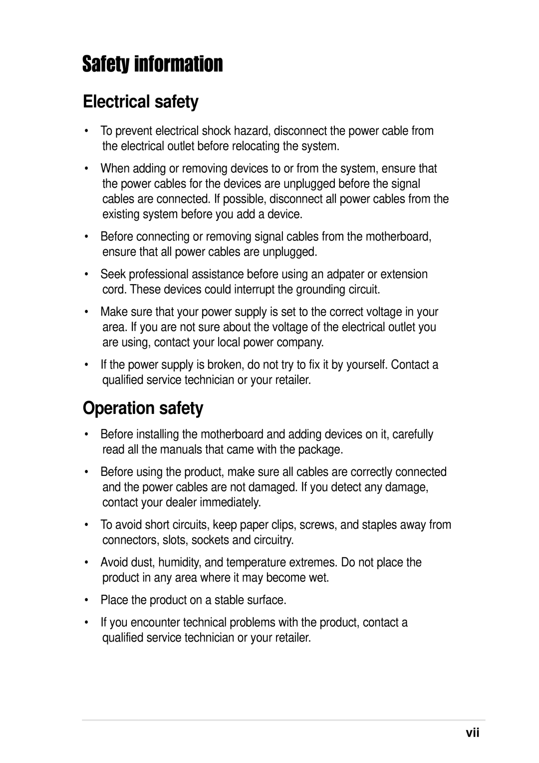 Asus P4B533-V manual Safety information, Electrical safety, Operation safety, Vii 