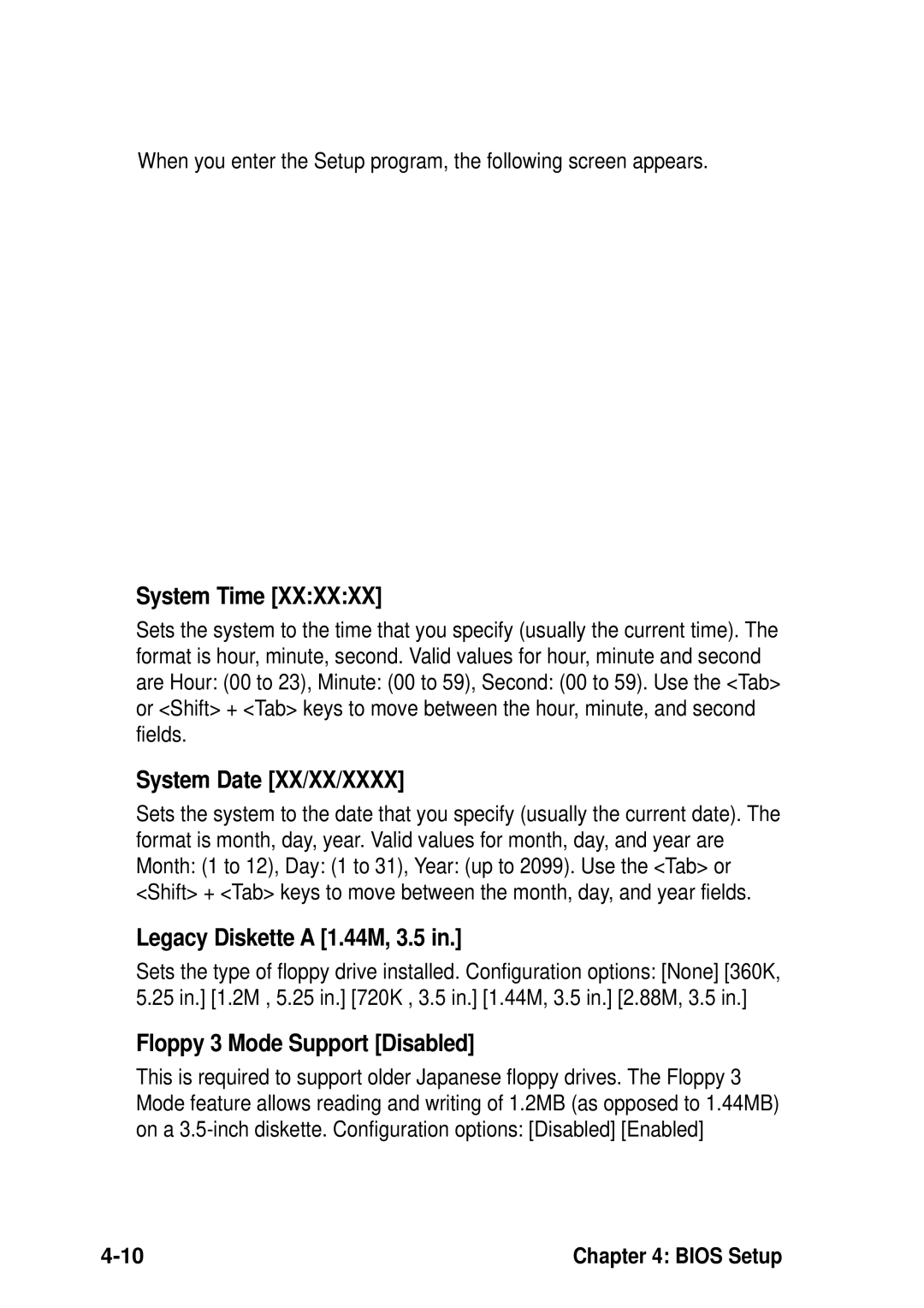 Asus P4B533-V Main Menu, System Time, System Date XX/XX/XXXX, Legacy Diskette a 1.44M, 3.5, Floppy 3 Mode Support Disabled 