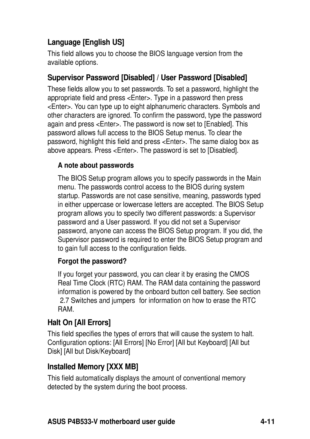 Asus P4B533-V manual Language English US, Supervisor Password Disabled / User Password Disabled, Halt On All Errors 