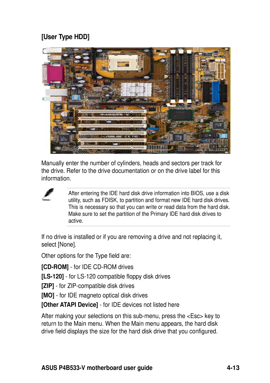 Asus P4B533-V manual User Type HDD 