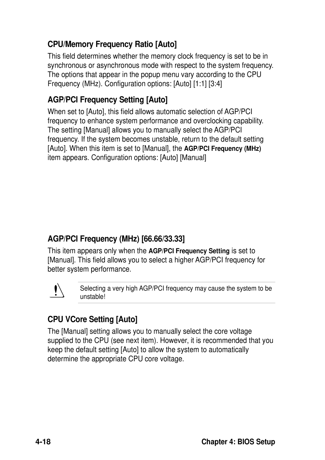 Asus P4B533-V manual CPU/Memory Frequency Ratio Auto, AGP/PCI Frequency Setting Auto, AGP/PCI Frequency MHz 66.66/33.33 