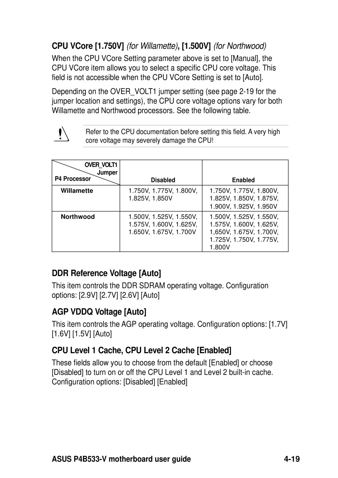 Asus P4B533-V manual DDR Reference Voltage Auto, AGP Vddq Voltage Auto, CPU Level 1 Cache, CPU Level 2 Cache Enabled 