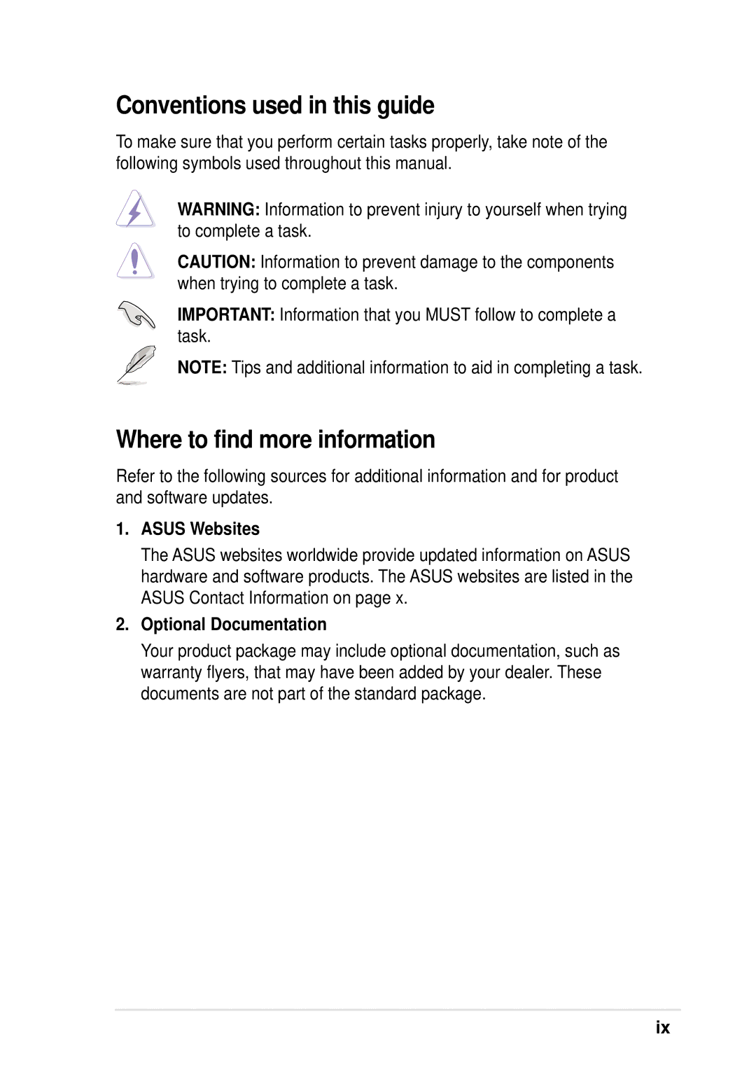 Asus P4B533-V manual Conventions used in this guide, Where to find more information, Asus Websites, Optional Documentation 