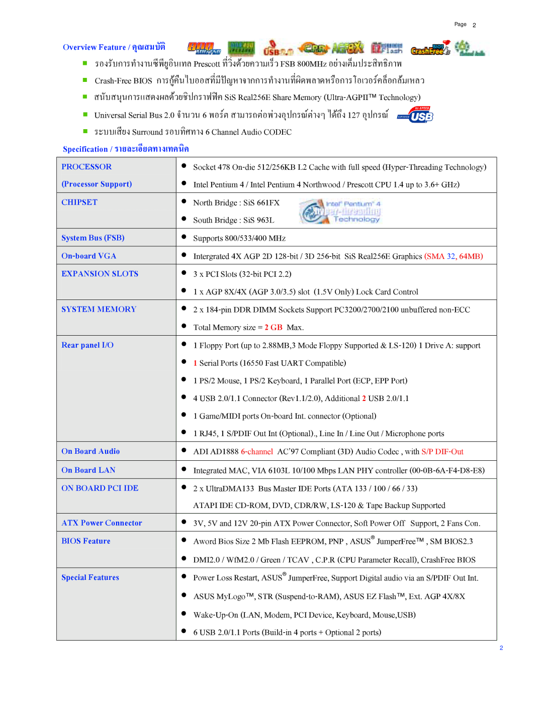 Asus P4S800-MX manual Overview Feature / คุณสมบัติ, Specification / รายละเอียดทางเทคนิค 