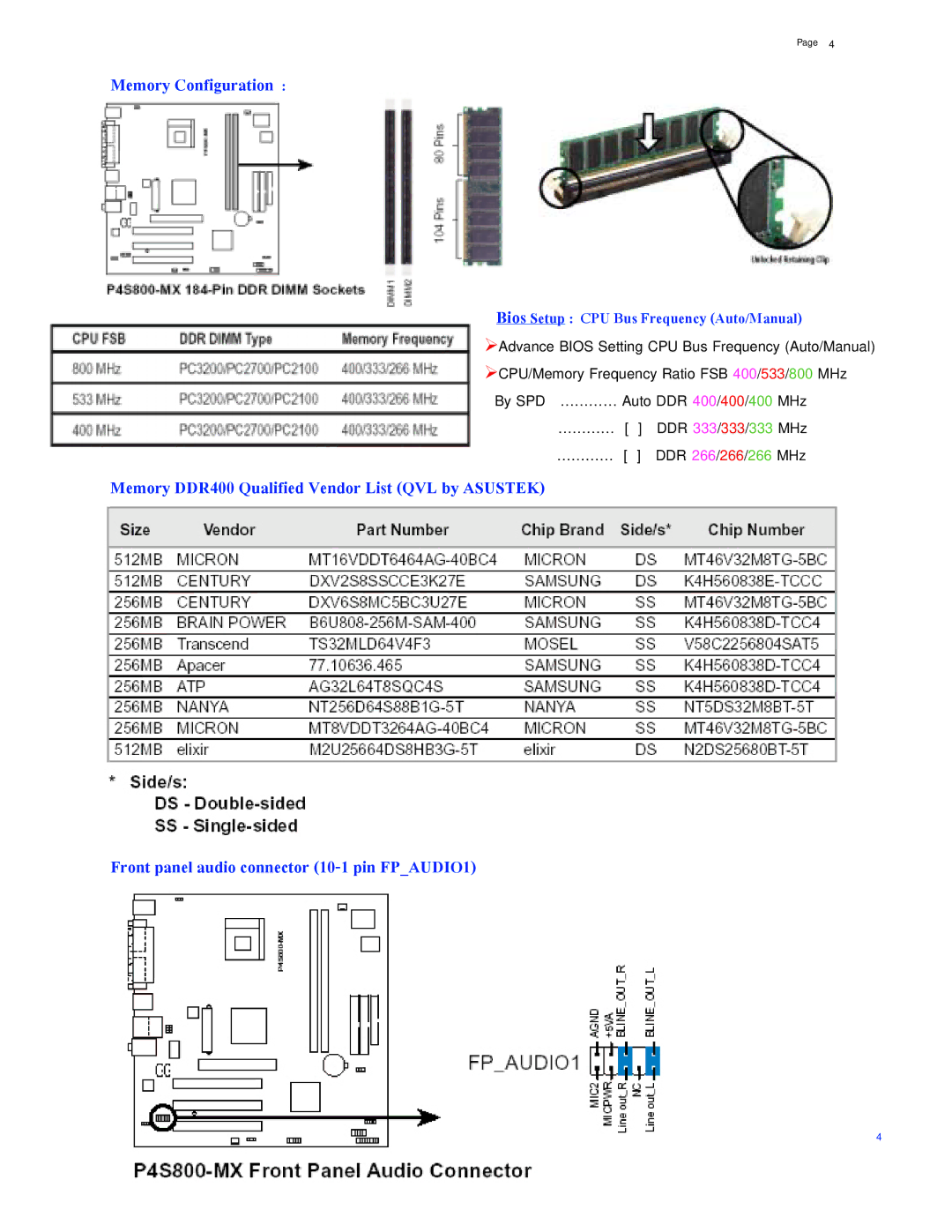 Asus P4S800-MX manual Memory Configuration 