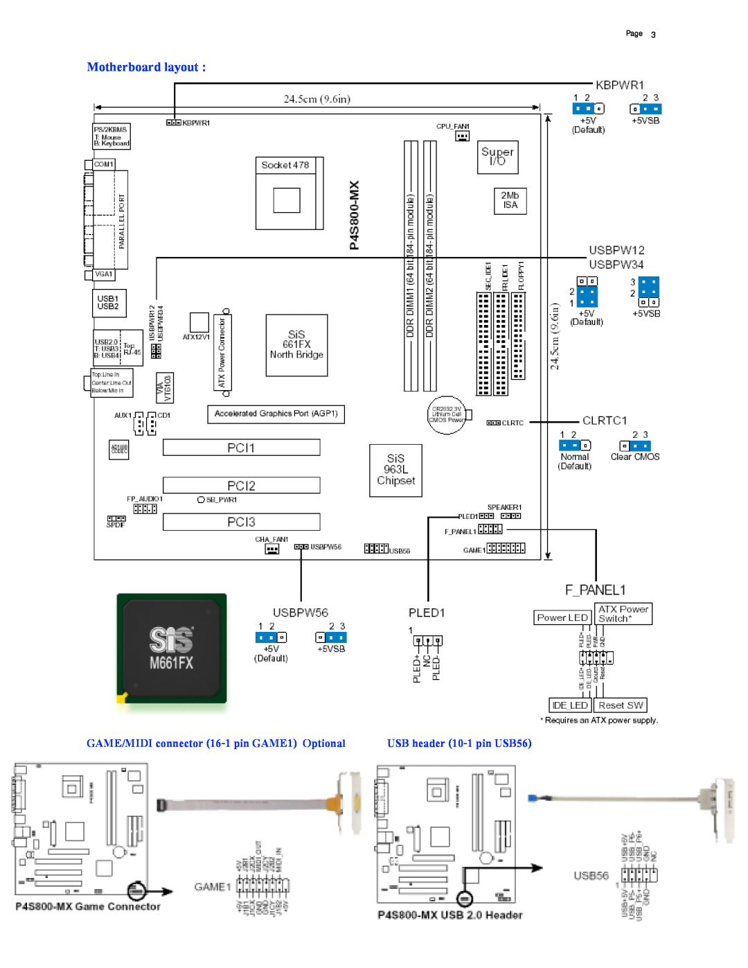 Asus P4S800-MX manual Motherboard layout, GAME/MIDI connector 16-1 pin GAME1 Optional, Page, USB header 10-1 pin USB56 