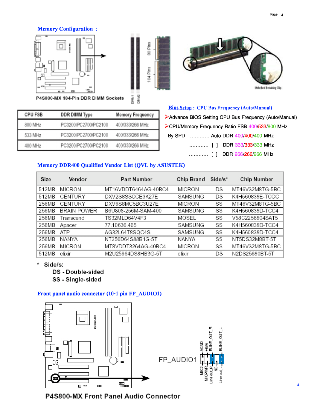 Asus P4S800-MX manual Memory Configuration, Memory DDR400 Qualified Vendor List QVL by ASUSTEK, Page 