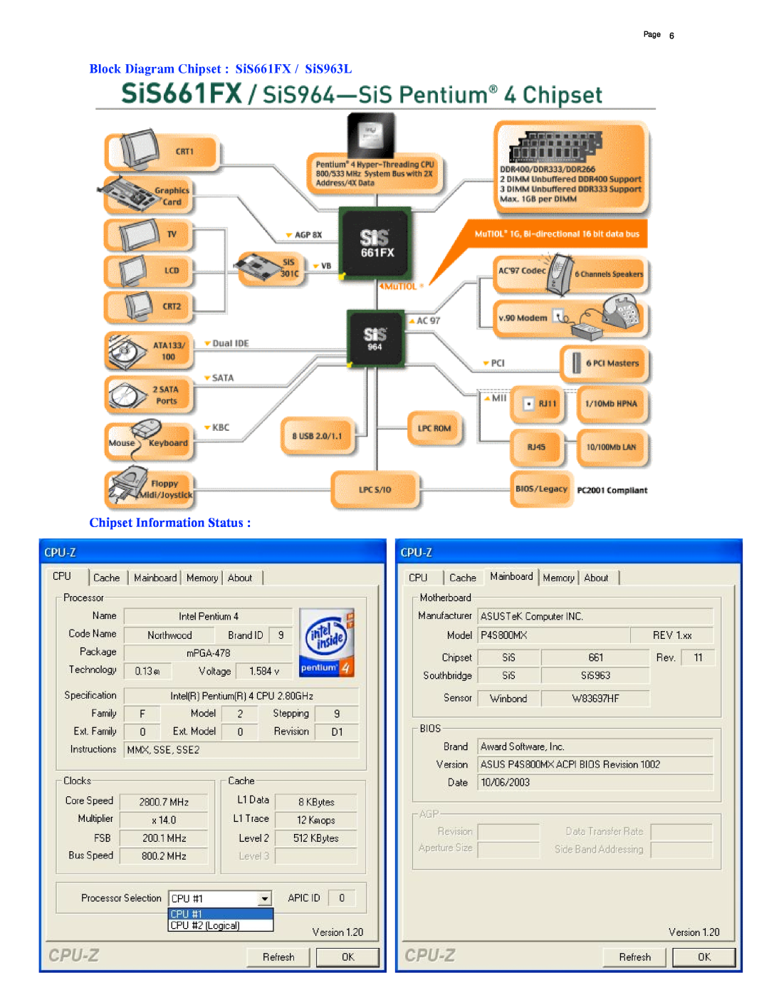 Asus P4S800-MX manual Block Diagram Chipset SiS661FX / SiS963L Chipset Information Status, Page 