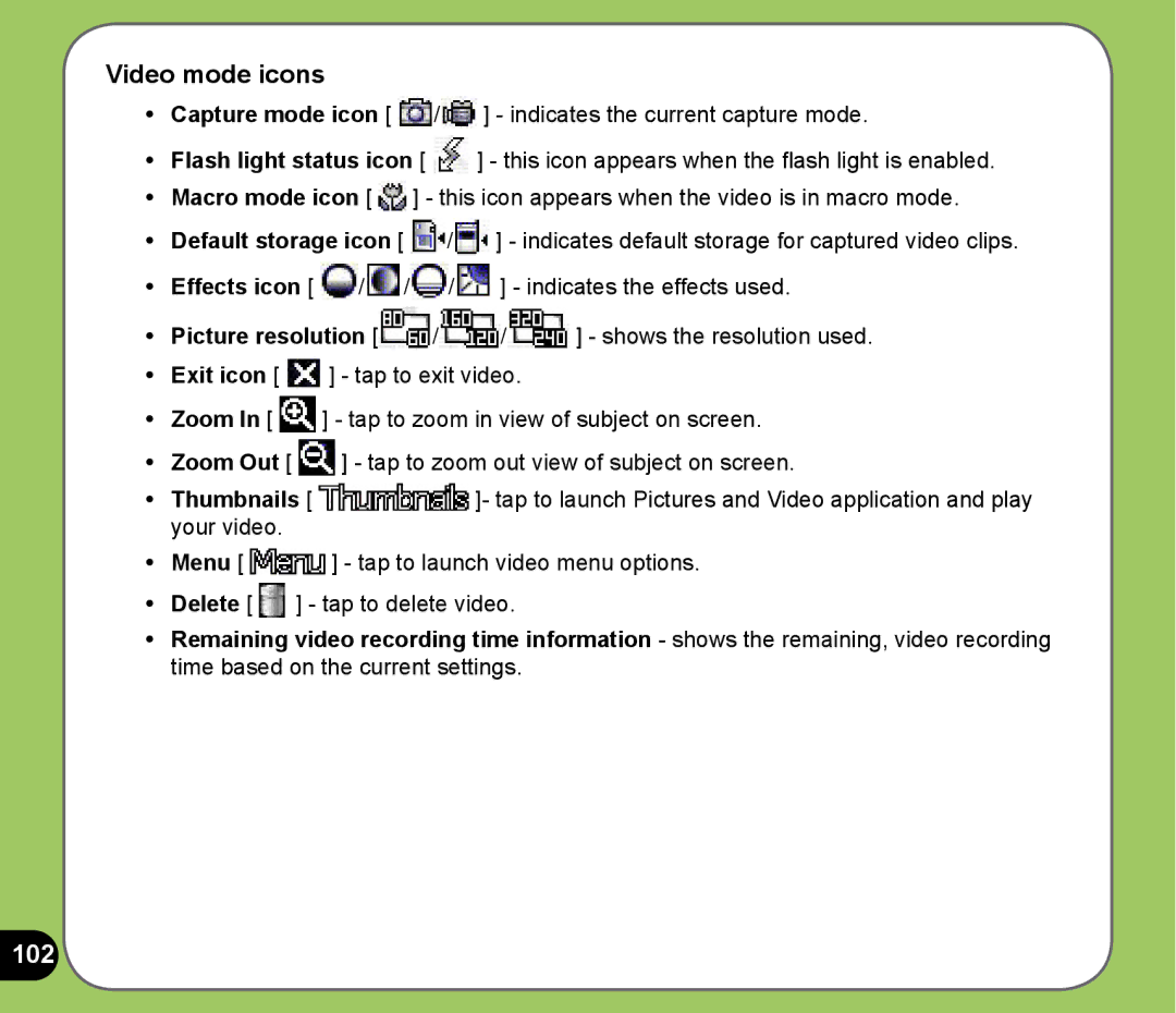 Asus P525 user manual Video mode icons, 102 