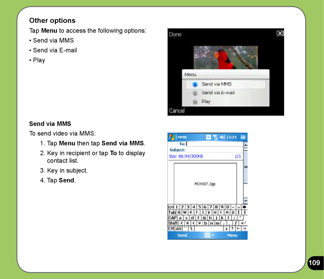 Asus P525 user manual 109, Send via MMS 