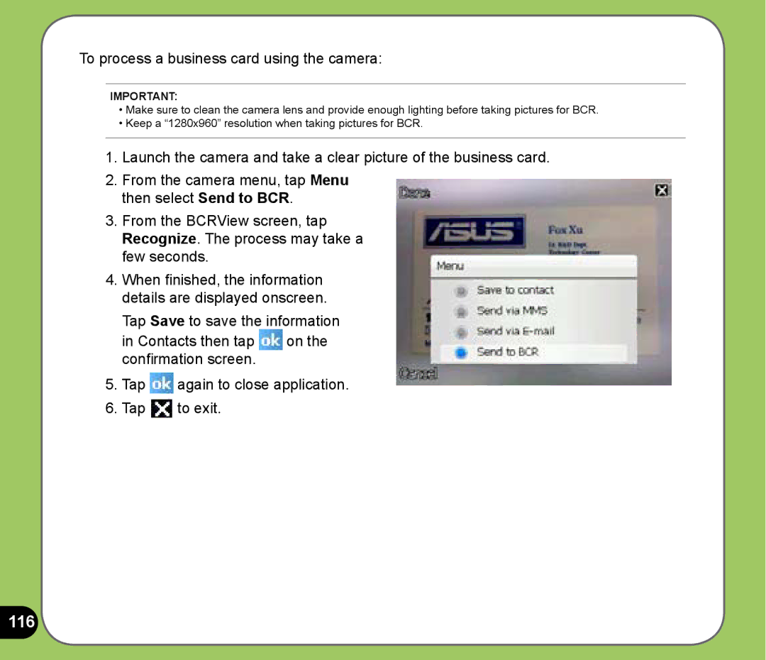 Asus P525 user manual 116, To process a business card using the camera 