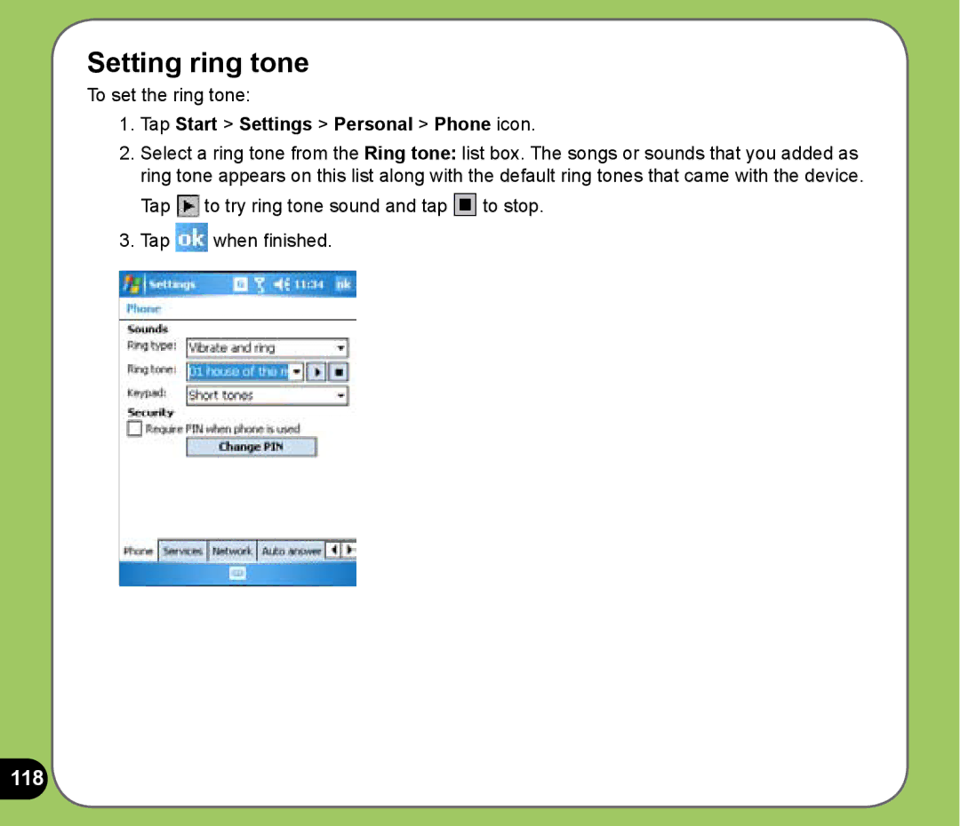Asus P525 user manual Setting ring tone, 118, Tap Start Settings Personal Phone icon 