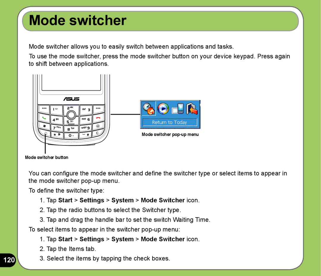 Asus P525 user manual Mode switcher, Tap Start Settings System Mode Switcher icon 