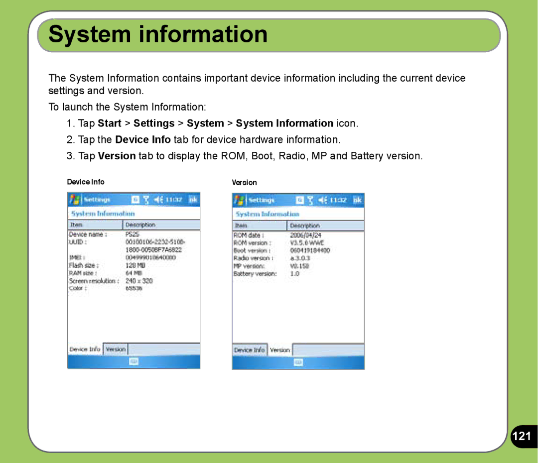 Asus P525 user manual System information, 121, Tap Start Settings System System Information icon 