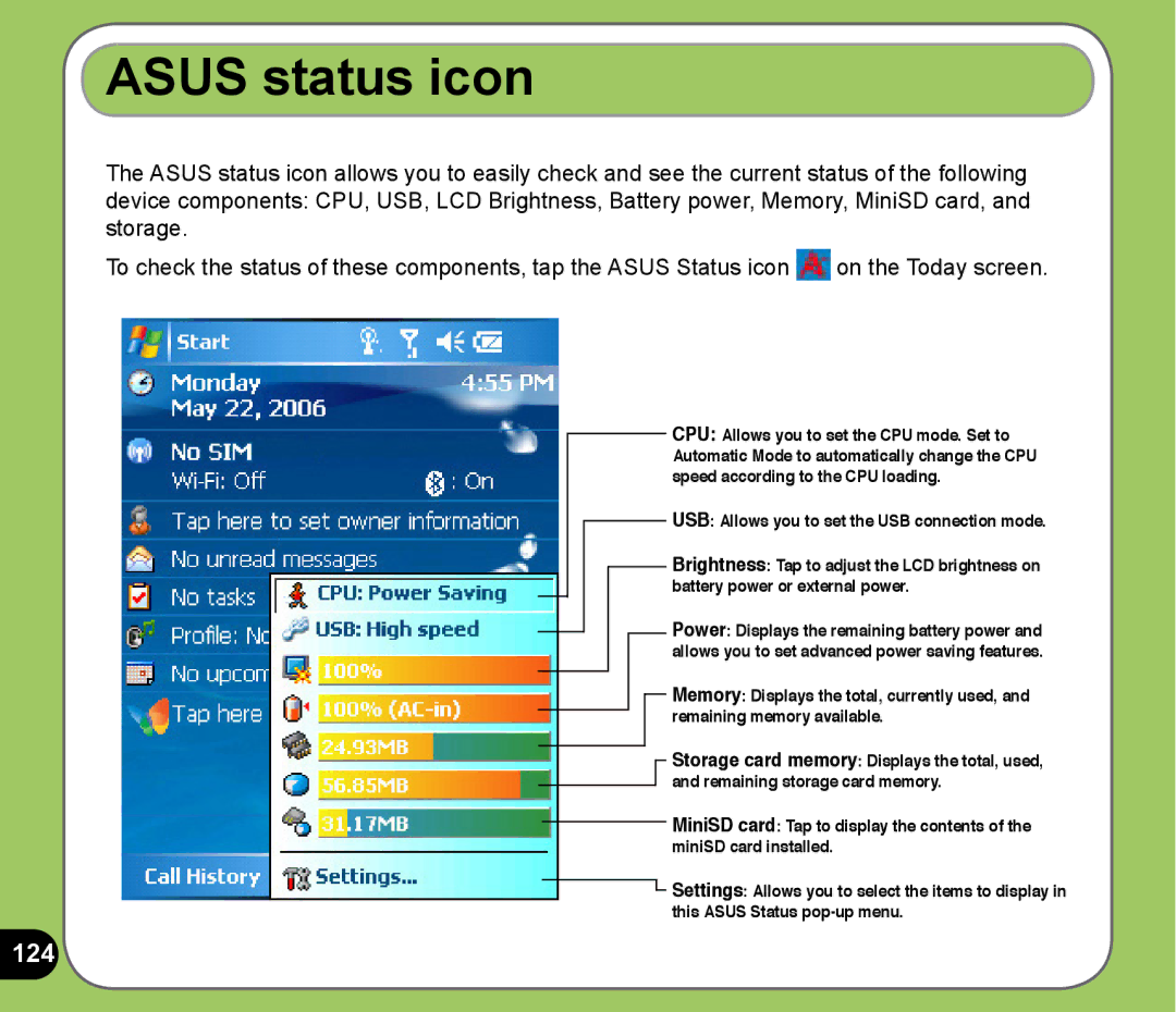 Asus P525 user manual Asus status icon, 124 