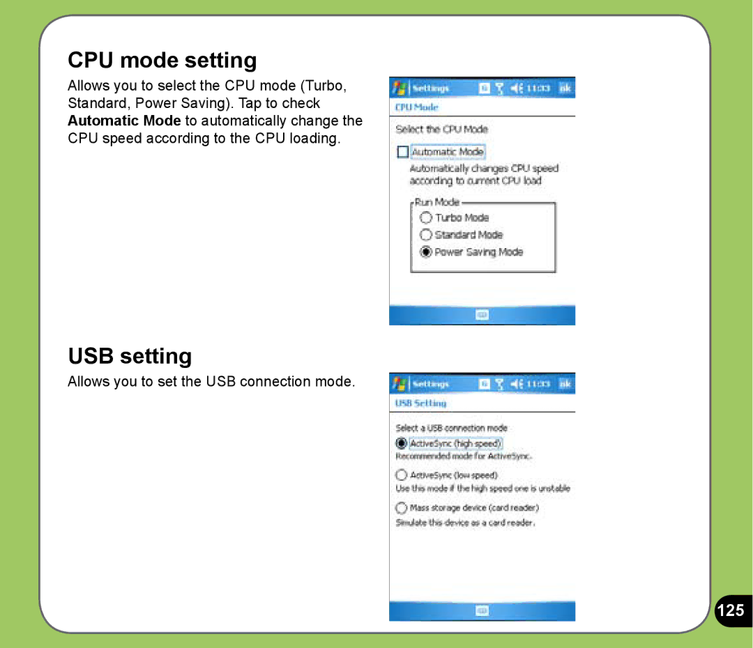 Asus P525 user manual CPU mode setting, USB setting, 125 