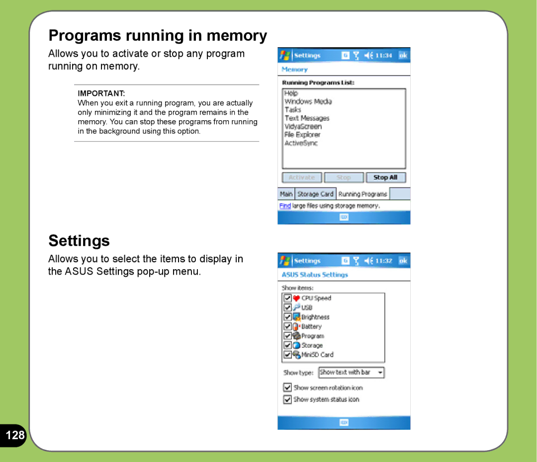 Asus P525 user manual Programs running in memory, Settings, 128 