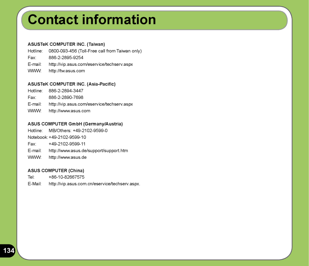 Asus P525 user manual Contact information, 134 