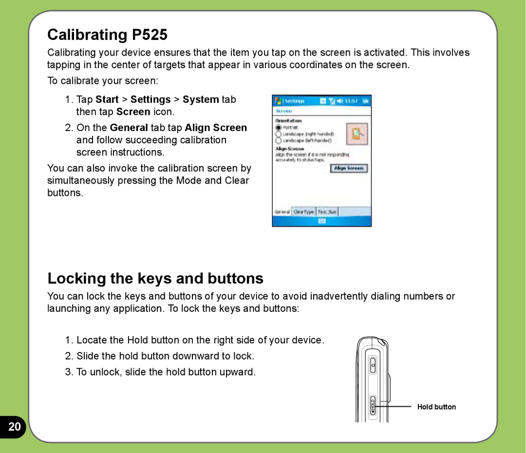 Asus user manual Calibrating P525, Locking the keys and buttons, Tap Start Settings System tab then tap Screen icon 