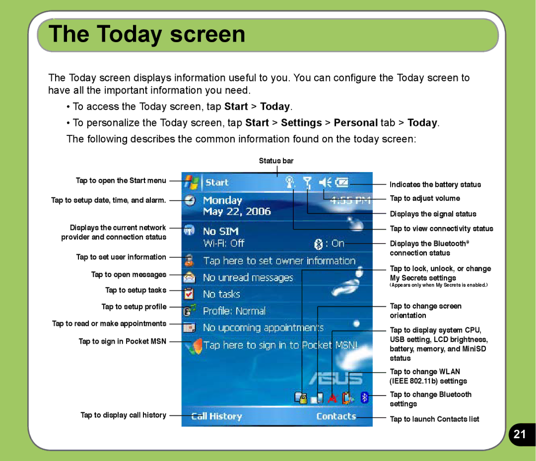 Asus P525 user manual Today screen 