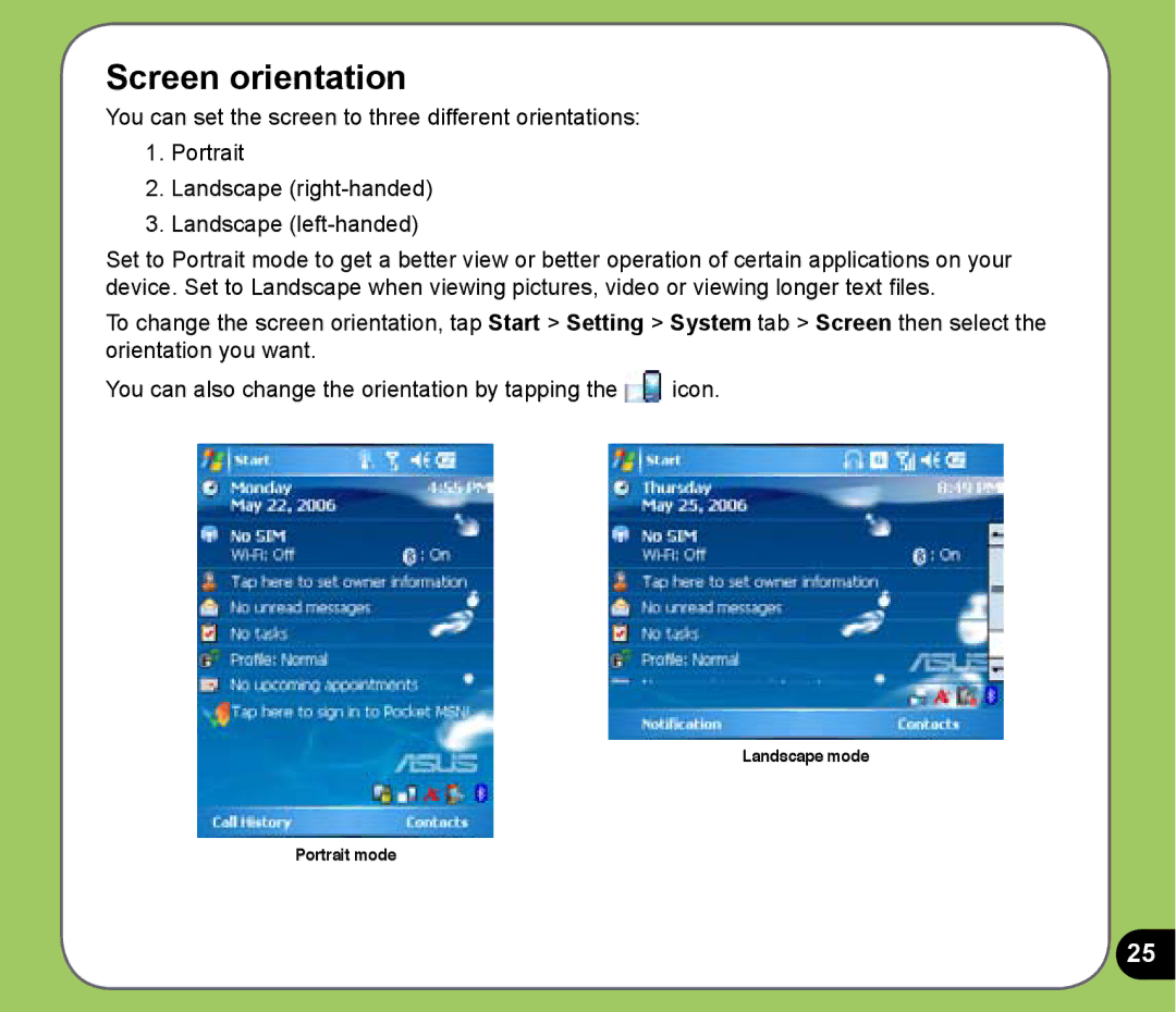 Asus P525 user manual Screen orientation 