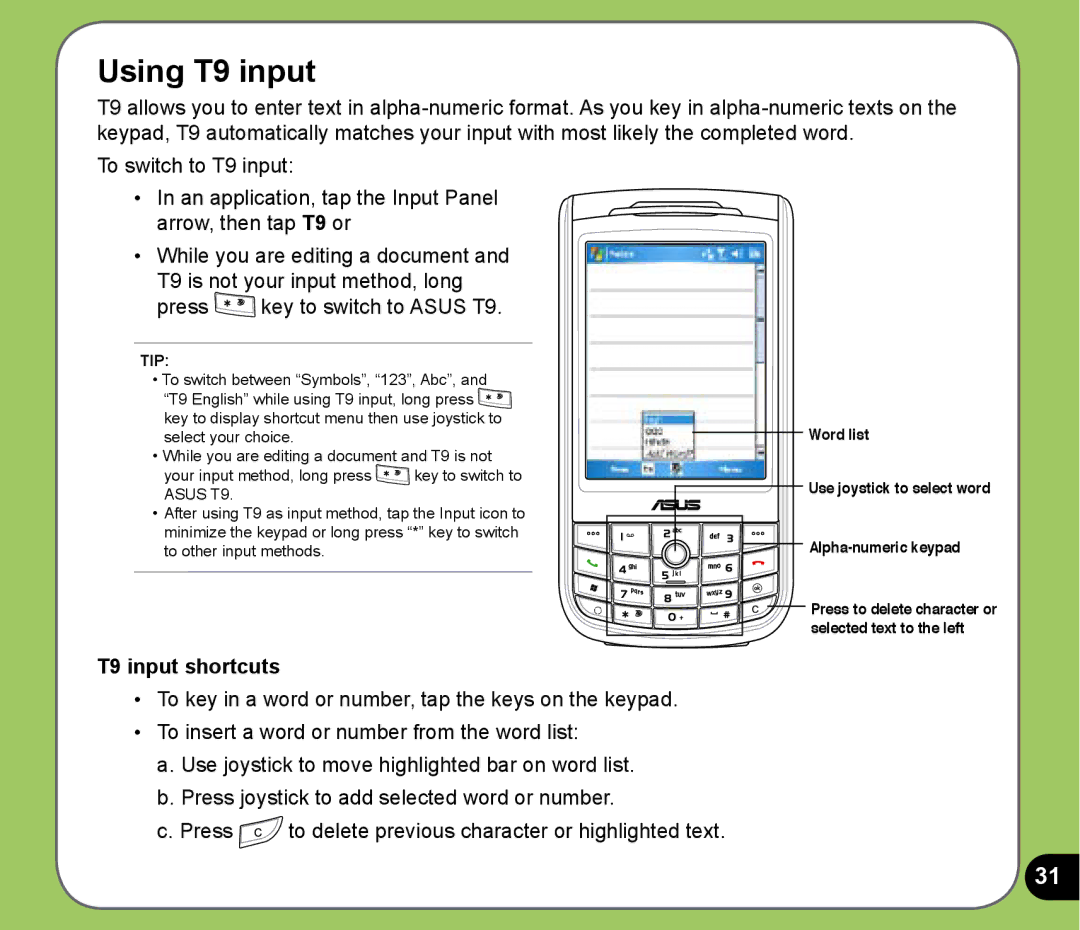 Asus P525 user manual Using T9 input, T9 input shortcuts 