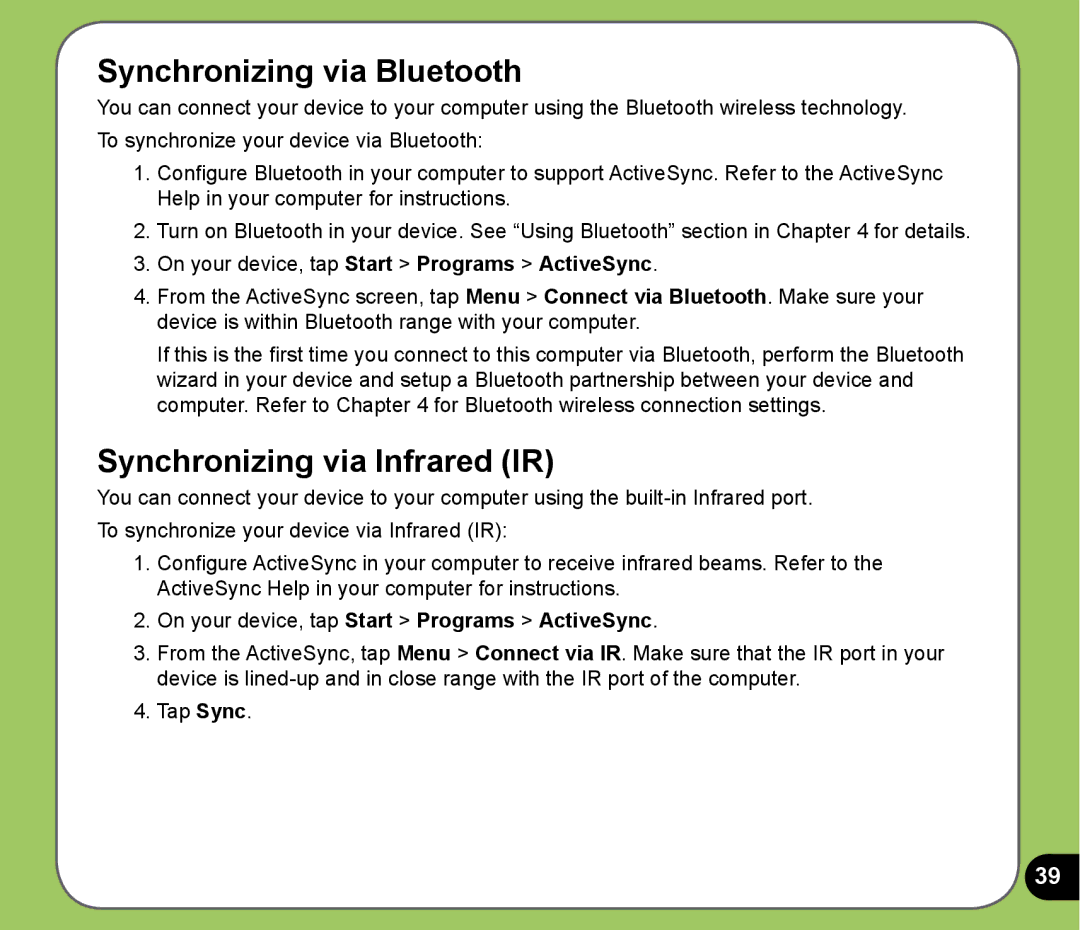 Asus P525 user manual Synchronizing via Bluetooth, Synchronizing via Infrared IR 