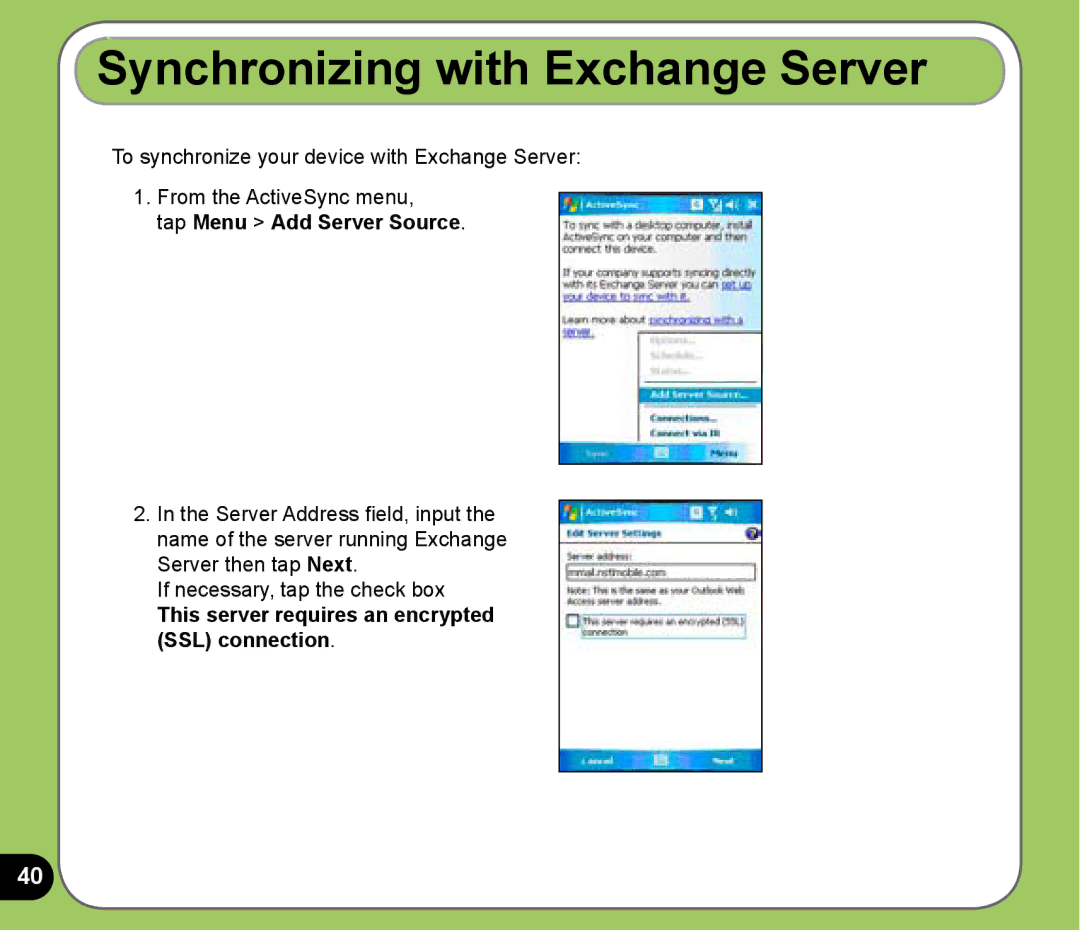 Asus P525 Synchronizing with Exchange Server, Tap Menu Add Server Source, This server requires an encrypted SSL connection 