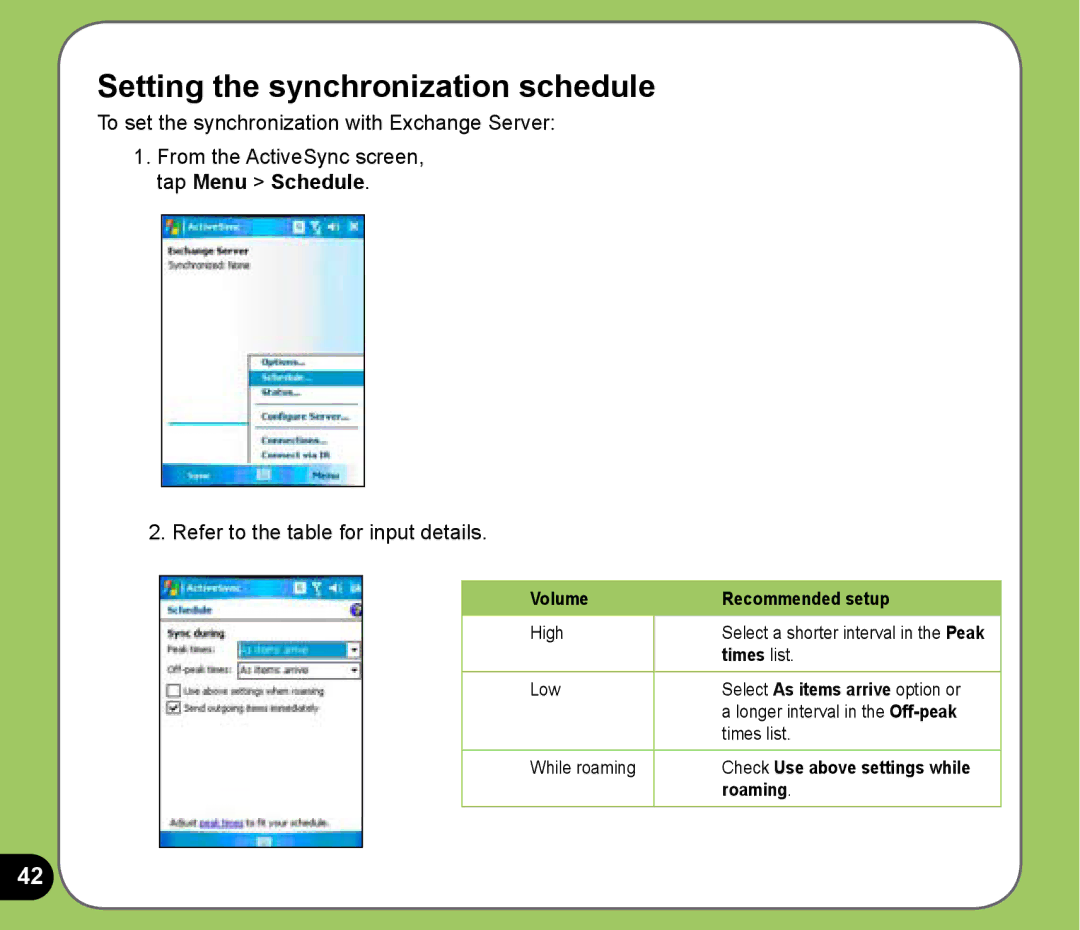 Asus P525 user manual Setting the synchronization schedule, Refer to the table for input details 