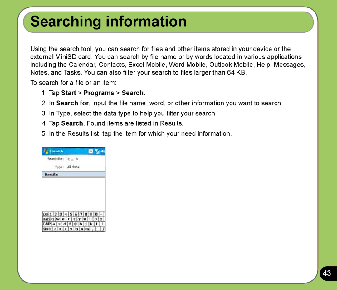 Asus P525 user manual Searching information, Tap Start Programs Search 