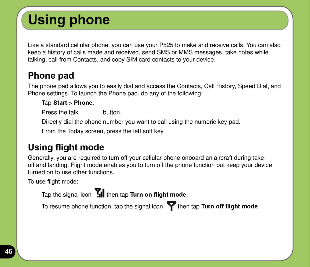 Asus P525 user manual Using phone, Phone pad, Using flight mode, Tap Start Phone 