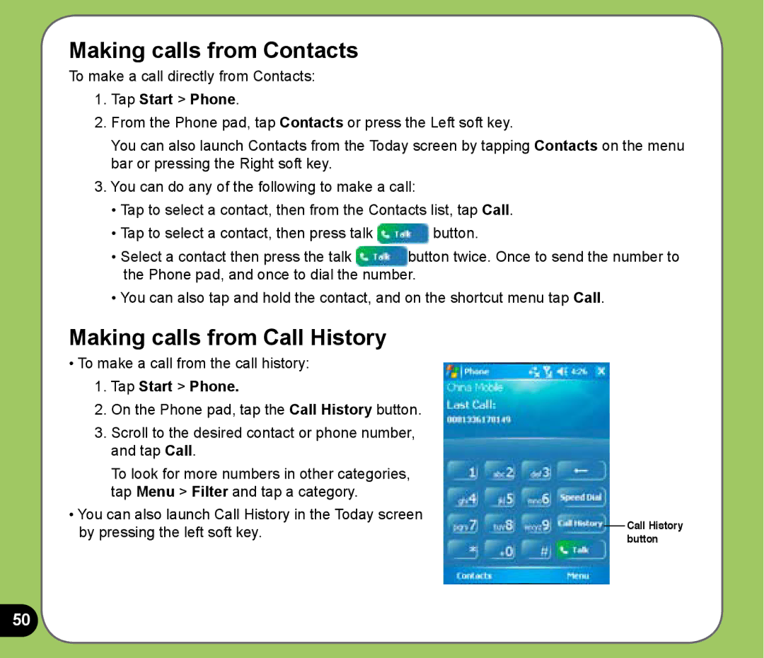 Asus P525 user manual Making calls from Contacts, Making calls from Call History 