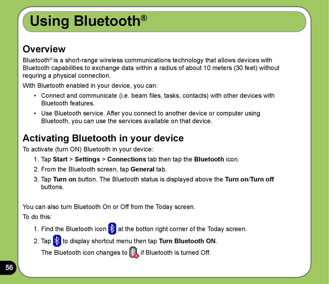 Asus P525 user manual Using Bluetooth, Overview, Activating Bluetooth in your device 