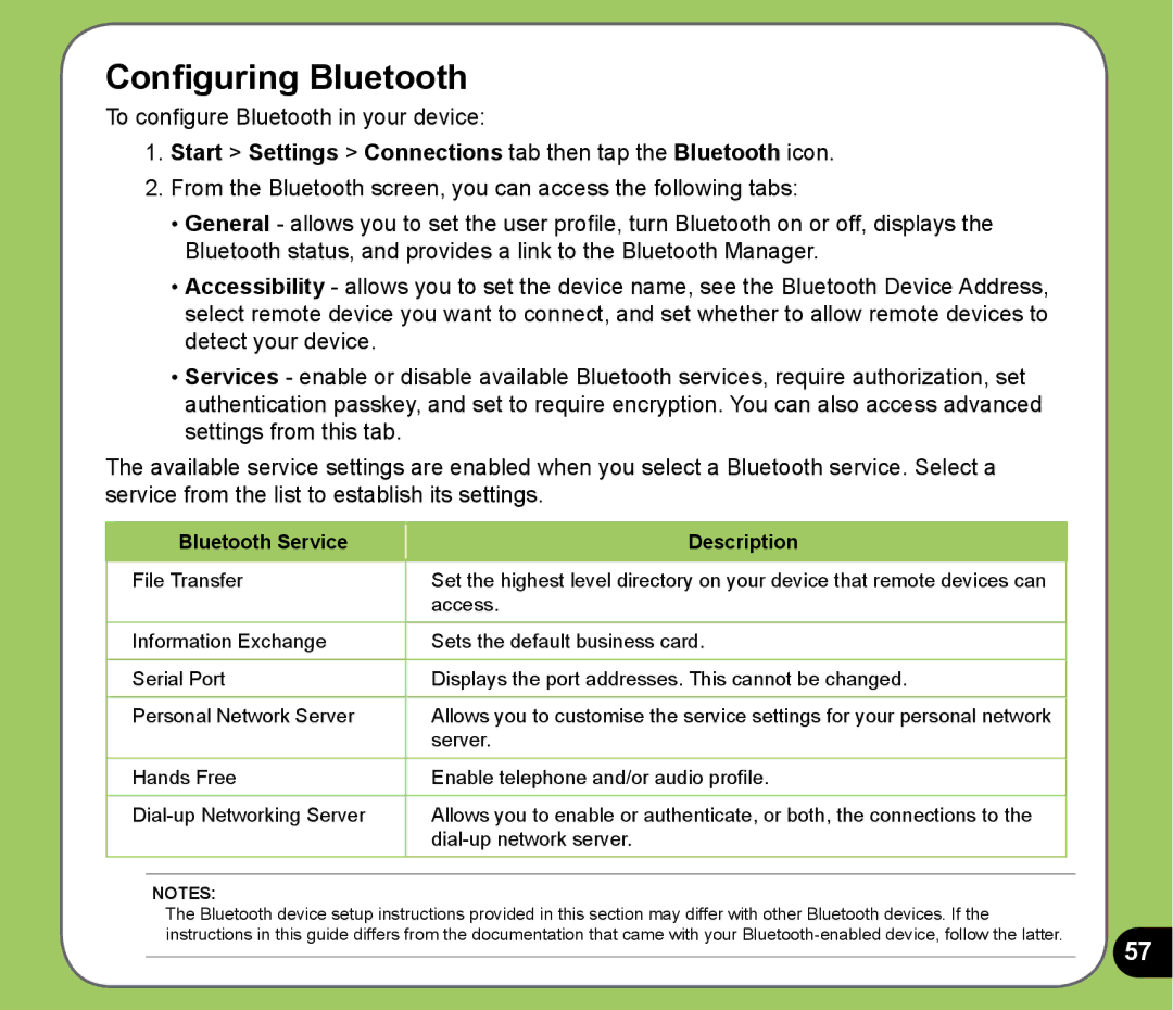 Asus P525 user manual Configuring Bluetooth, Start Settings Connections tab then tap the Bluetooth icon 