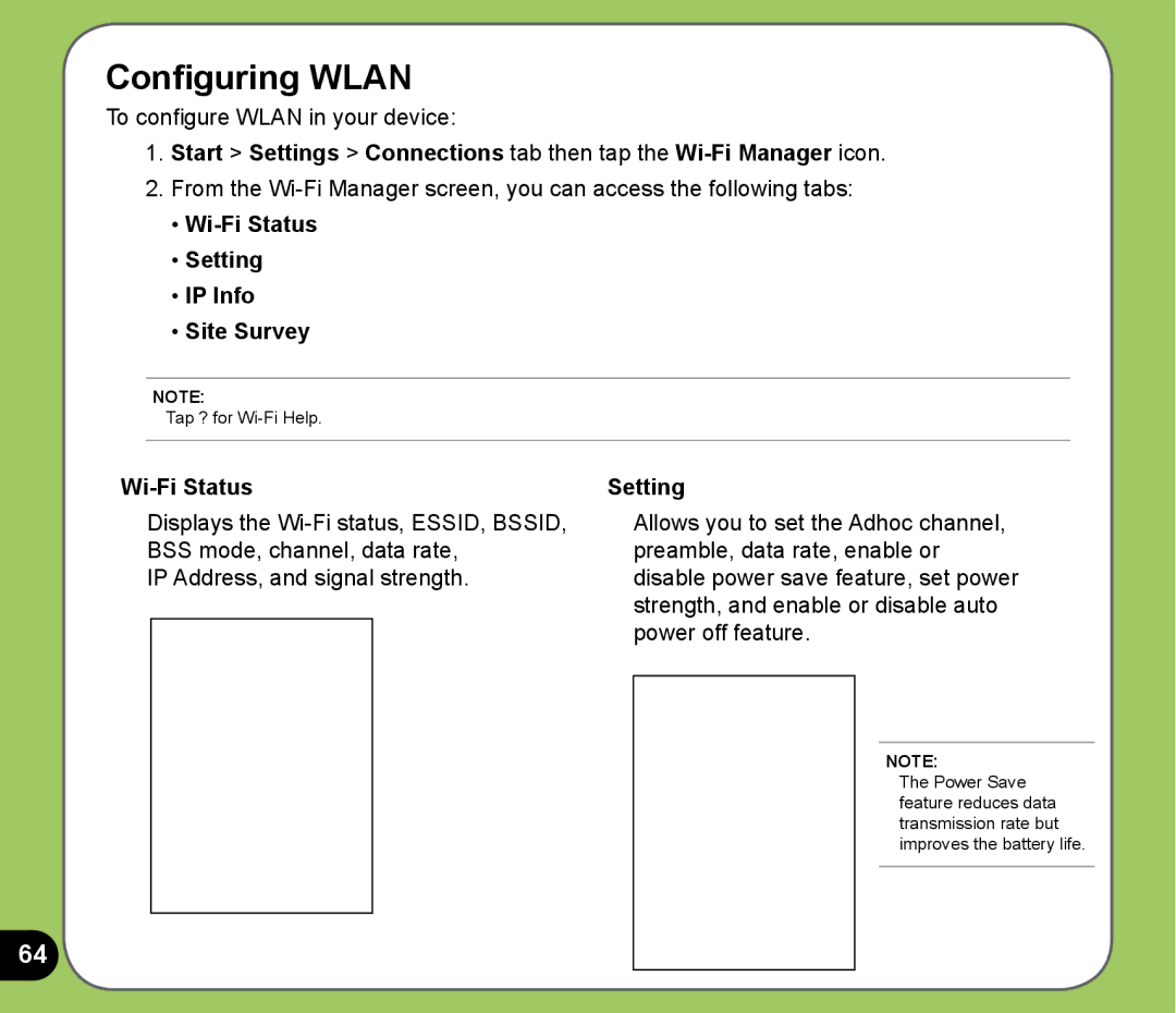 Asus P525 user manual Configuring Wlan, Wi-Fi Status Setting IP Info Site Survey 