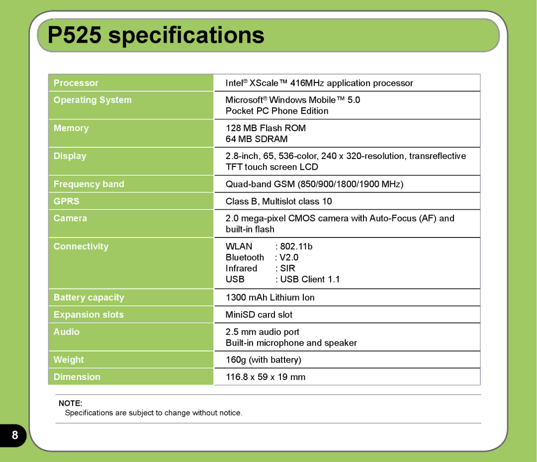 Asus user manual P525 specifications, Gprs 