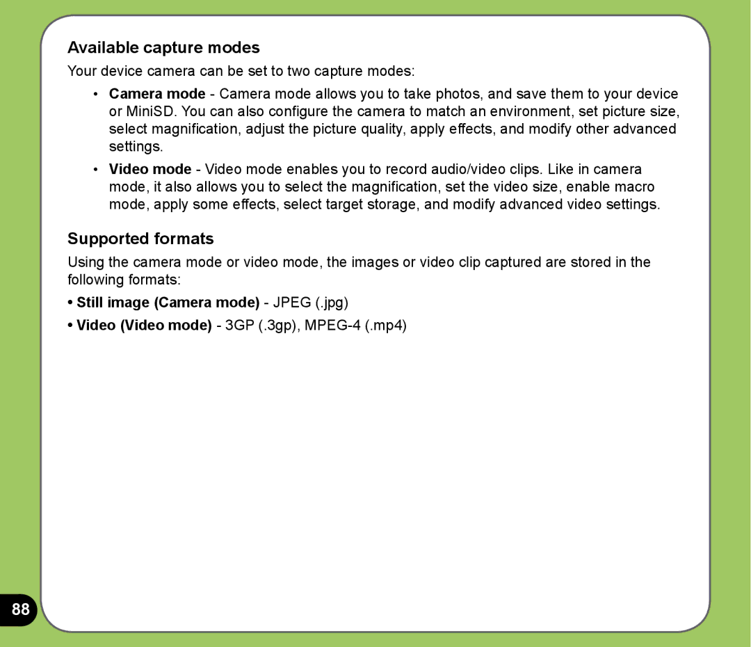 Asus P525 user manual Available capture modes, Still image Camera mode Jpeg .jpg 