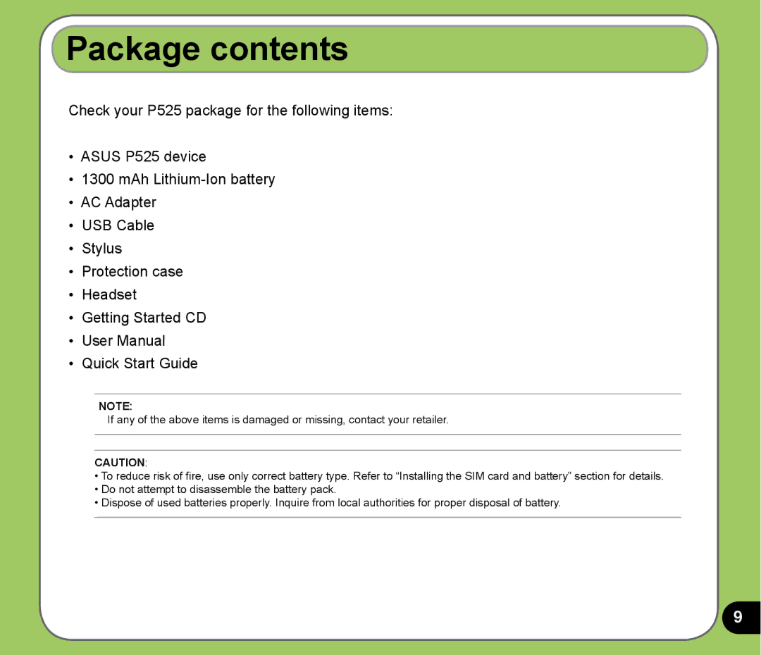 Asus P525 user manual Package contents 