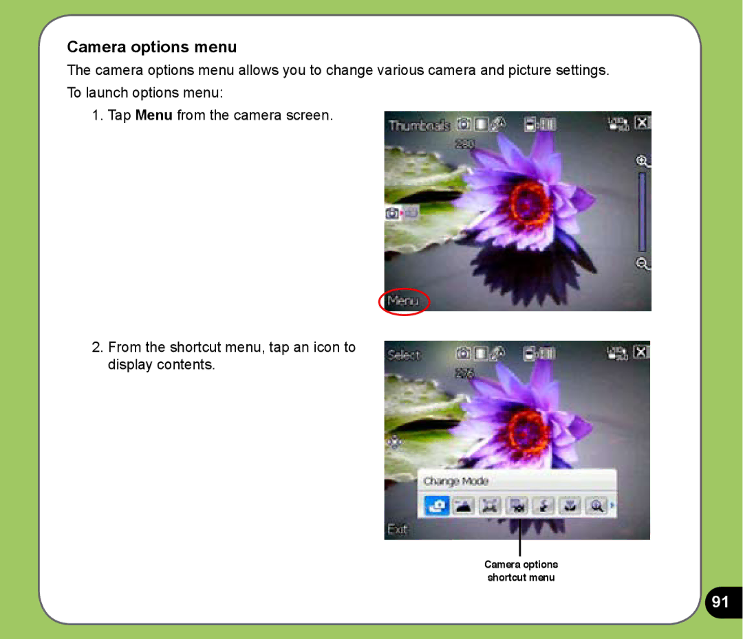 Asus P525 user manual Camera options menu 