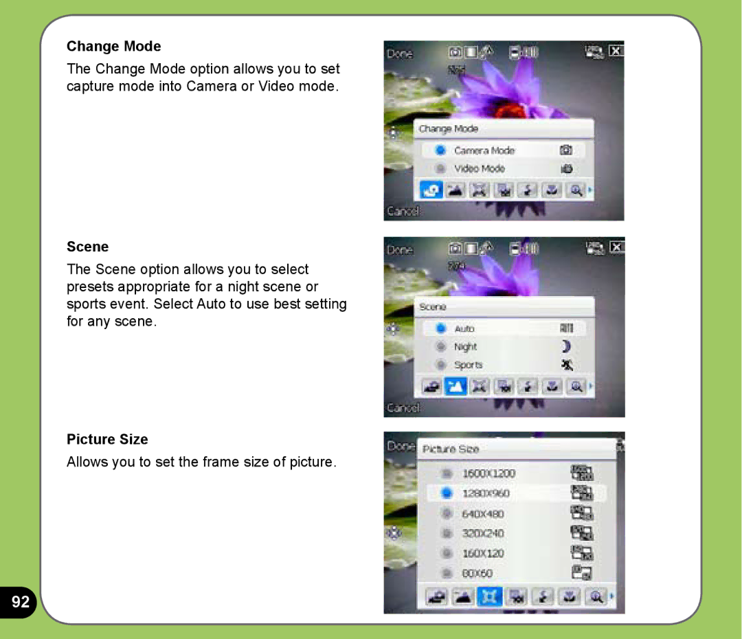 Asus P525 user manual Change Mode, Scene, Picture Size 